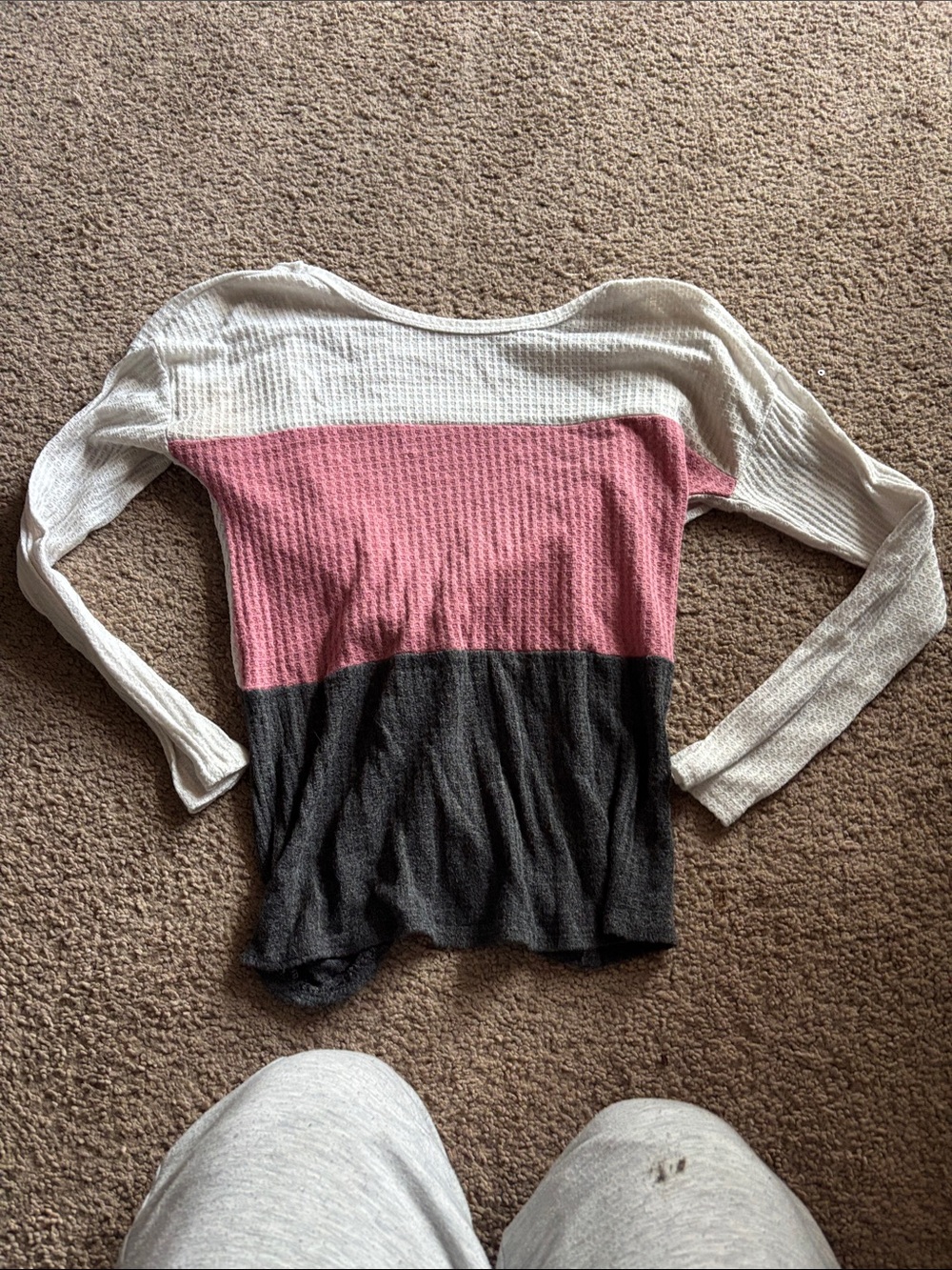 Waffle Knit Colorblock Long Sleeve Top - White Pink Charcoal